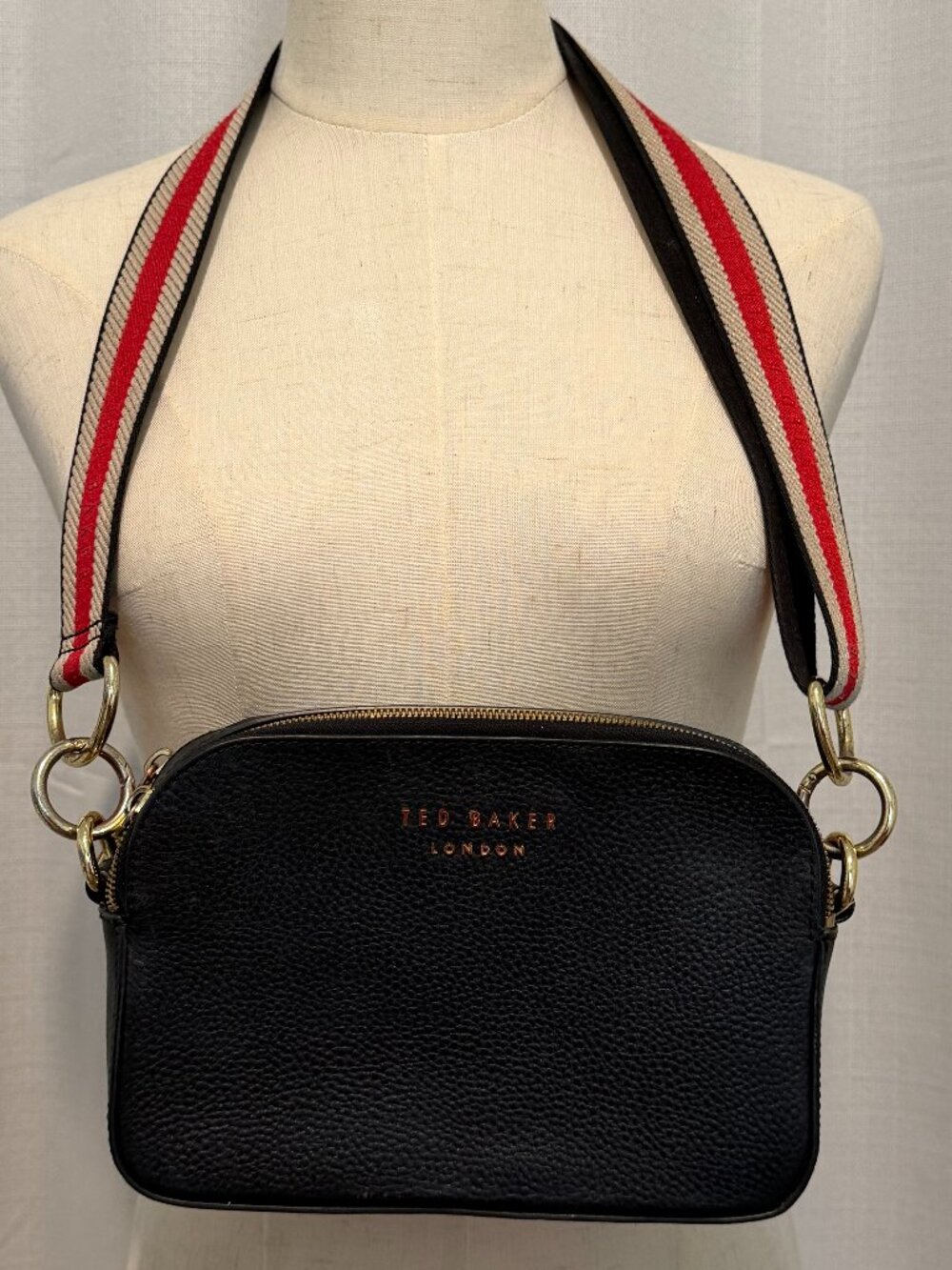 Ted Baker Black Leather Crossbody Bag Striped Webbing Strap OS